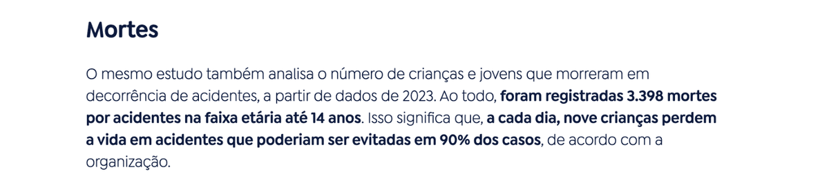Estatísticas de mortalidade infantil: 3.398 mortes por acidentes em crianças até 14 anos em 2023, sendo 9 crianças por dia